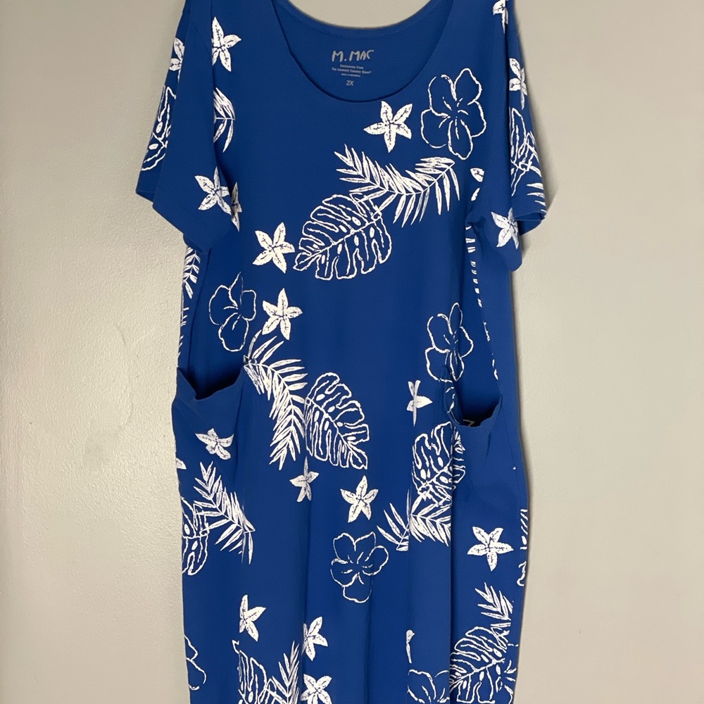 M Mac Beach Resort Nautical Print Blue Cotton Kaftan Dress